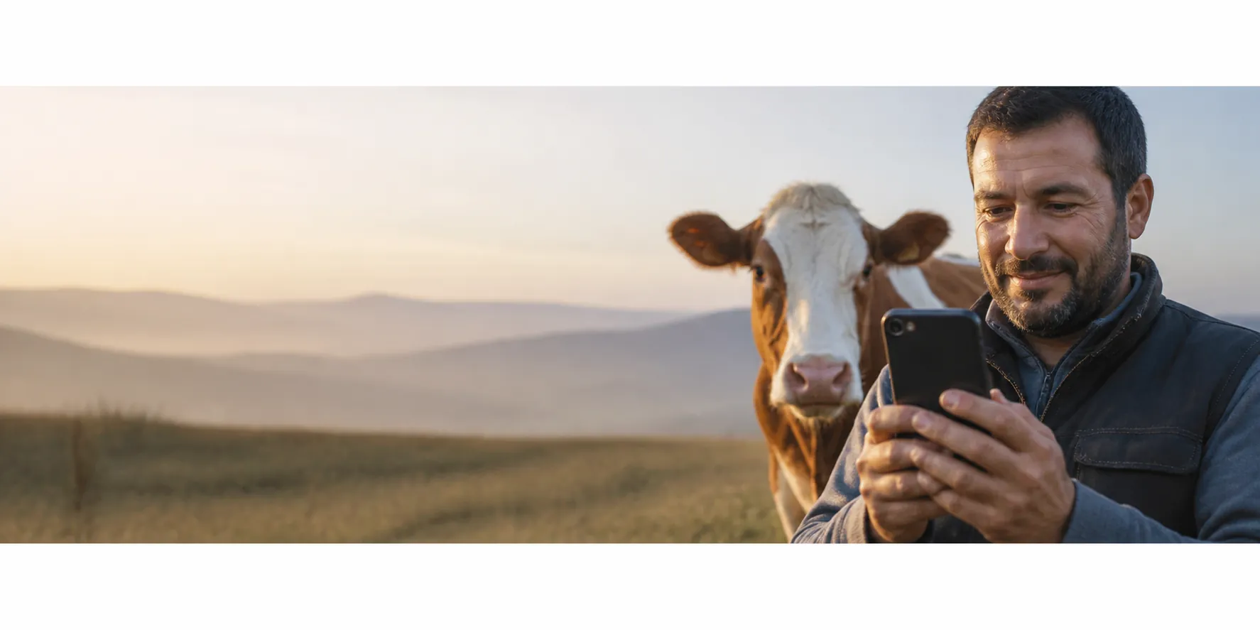 Telefonuyla iletişim kuran hayvan üreticisi ve ineği